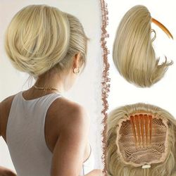 1pc Synthetic Hair Bun Hairpiece Fully Short Ponytail Bun Mixed Blonde Hair Chignon With Comb Bun Updo Drawstring Bun Synthetic Hair Piece Extension For Women, Mixed Blonde And Ash Blonde