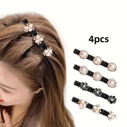 4pcs Elegant Hair Braiding Clips Faux Pearl Decorative Hair Side Clips Bling Bling Rhinestone Hair Fringe Clips For Women And Girls