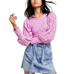 Free People Tops | Free People Tea Time Top Plumeria Pink Lace Balloon Sleeve Crop Open Back Large | Color: Pink | Size: L