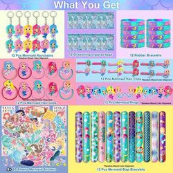 140pcs Mermaid Party Favors Gifts For Girls, Mermaid Party Suppliers Including Mermaid Bags, Rings, Bracelets, Hair Ropes, Keychains, Plastic Hair Clips, Slap Bracelets And 58pcs Mermaid Stickers