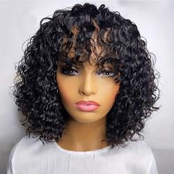 Jerry Curly Human Hair Wigs With Bangs Full Machine Made Wigs Natural Colored Wigs For Women Peruvian Remy Hair 180%