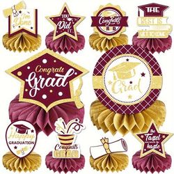 10pcs, Graduation Party Decorations Maroon Red Class Of 2024 Congrats Grad Table Centerpiece Congratulate Graduation Honeycomb Table Toppers For Graduation Party Supplies