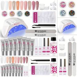 Nail Extension Gel Kit, With Uv/led Lamp, Slip Solution, Top Coat, Dual Forms, Glitter And Nude Gel Polish Set For Home Manicure