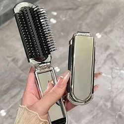 1pc 2 In 1 Foldable Hair Brush & Mirror, Professional Hair Comb With Mirror, Travel Portable Folding Makeup Mirror, Compact Pocket Purse Mirror, Travel Beauty Mirror