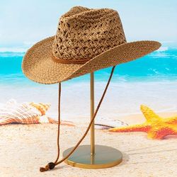 Unisex Cowboy Style Hollow Out Straw Hat, Breathable Sun Protection Beach Hat, Ideal For Spring/summer Travel