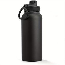 TEMU 1pc 32oz Black Stainless Steel Insulated Water Bottle With Double Wall Vacuum, Leakproof Spout Lid & Carrying Strap - Sports, Outdoor Activities & Holiday Gifts