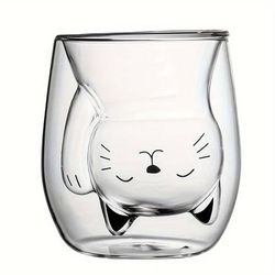 TEMU 1pc, Cute Kitten Glass Coffee Mug, 200ml Heat Resistant Double-walled Espresso Coffee Cups, Heat Insulated Water Cups, Drinkware, Birthday Gifts
