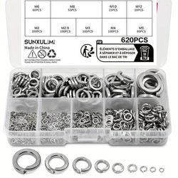 TEMU 620pcs 304 Stainless Steel Spring Lock Washers Assortment Kit, 9 Sizes M2 M2.5 M3 M4 M5 M6 M8 M10 M12