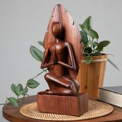 'Hand-Carved Yoga-Inspired Suar Wood Sculpture Made in Bali'