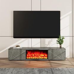 Modern Light Luxury Electric Fireplace TV Stand with LED Flame Effects, Adjustable in Multiple Colors, with 2 Drawers, Matte Sintered Stone, Gray, 70.87"