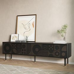 78.74"Mid-Century Modern TV Stand,Wood Media Console with Cabinets, Tall-Cast Legs, Smoky Color Entertainment Center