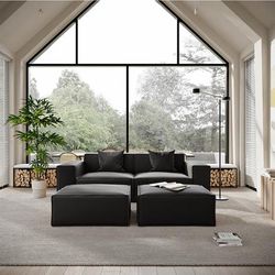 83.86" Minimalist Accent Chair with 2 Ottoman, Genuine Leather Sofa with Track Arm, Deep Seat Couch, Black