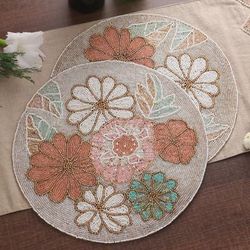 'Set of 4 Floral-Themed Glass Beaded Placemats from India'