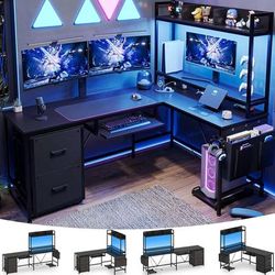 Black Computer Desk L Shaped Gaming Desk With File Cabinet&keyboard Tray, Reversible Home Office Desk With Hutch&monitor Stand
