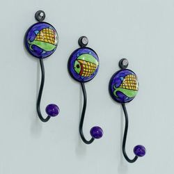 'Set of 3 Ceramic Coat Hooks with Hand-Painted Fish Motifs'