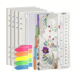 TEMU Deluxe A6 Planner Insert Kit With Colorful Dot & Grid Paper - 160 Pages, 100 Gsm, Includes Ruler, Stickers & Floral Notebook Design - 6-ring Binders, |decorative Planning