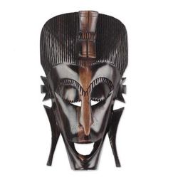 'Hand-Carved African Ebony Wood Mask of a Laughing Face'