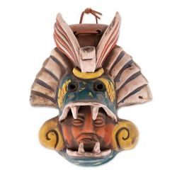Quetzalcoatl Revered,'Earthtone Quetzalcoatl Handcrafted Ceramic Wall Mask'