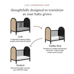 Babyletto Bondi Cane 3-in-1 Convertible Crib w/ Toddler Bed Conversion Kit - Black / Natural Cane