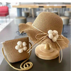 Chapeau de paille d'été à fleurs pour bébé, avec sac à main, ensemble de 2 pièces pour enfants