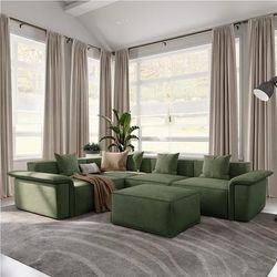 111.79"Oversized L-Shaped Sectional Couch with Ottoman, Deep Seat Couch with Curved Arm , Wide Sofa, Pet-Friendly and Scratch-Resistant, Green
