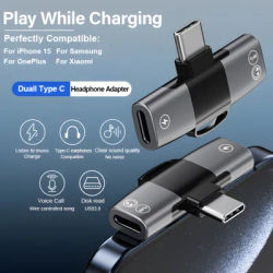OTG USB Type C Splitter to Double Type C Jack AUX Audio Headphone Adapter PD15W Charging for iPhone 15 Samsung Xiaomi MacBook