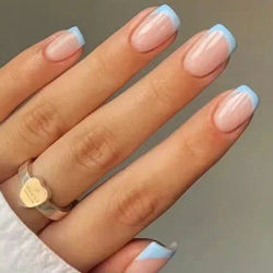 24 pièces/ensemble femmes filles court français bleu clair rose double couleur Surface brillante couverture complète portable faux ongles presse sur Nail Art