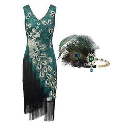 Anni Ruggenti Anni 1920 Lunghezza al ginocchio Abito Flapper Fascia Flapper Senza maniche Il grande Gatsby Ragazza Flapper Invitato al matrimonio Paillettes Frangia con nappe Piuma Scollo a V Costume