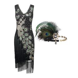Anni Ruggenti Anni 1920 Lunghezza al ginocchio Abito Flapper Fascia Flapper Senza maniche Il grande Gatsby Ragazza Flapper Invitato al matrimonio Paillettes Frangia con nappe Piuma Scollo a V Costume