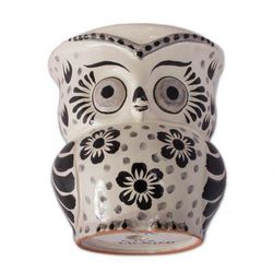 Floral Owl,'Black and White Ceramic Owl Flower Pot from Mexico'
