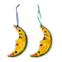 Bright Moons,'Hand-Painted Yellow Ceramic Moon Ornament Pair'