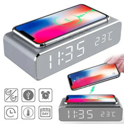 Wireless Charger Time Alarm Clock LED Digital Thermometer Earphone Phone Chargers Fast Charging Dock