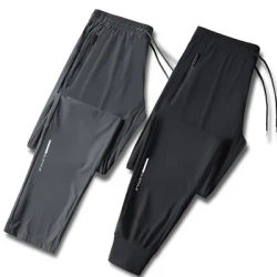 Pantalon en soie glacée de haute qualité pour hommes, Slim, décontracté, ample, haute élasticité, séchage rapide, pour course en plein air, nouvelle collection été