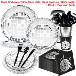 Disco Theme Party Disposable Tableware Set Silver Disco Ball Plates Napkins Cups 70s Birthday Party Decoration Wedding Supplies
