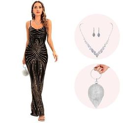 Anni Ruggenti Anni 1920 Lunghezza alla caviglia Abito da sera Abiti Senza maniche Il grande Gatsby Invitato al matrimonio Paillettes Scollo a V Costume Per donna Natale Carnevale Mascherata Festa