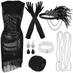 Anni Ruggenti Anni 1920 Lunghezza al ginocchio Vestito Abito Flapper Abiti Senza maniche Il grande Gatsby Charleston Invitato al matrimonio Paillettes Frangia con nappe Piuma Scollo a V Costume Per