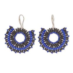 Blue and Black Moon,'Blue and Black Glass Beaded Dangle Earrings on Steel Hooks'