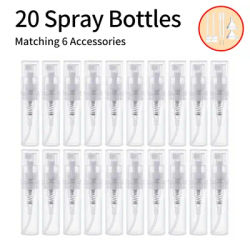 20Pcs+6 Accessories 2ml Mini Plastic Spray Bottle with 20 Snap-on Spray Bottles, 2 Funnel, 2 Dispenser Divas, 2 Straws