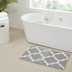 Wide Width Marrakesh Collection 100% Polyester 17" X 24" Rectangle Bath Rug by Better Trends in Silver (Size 24" W 40" L)