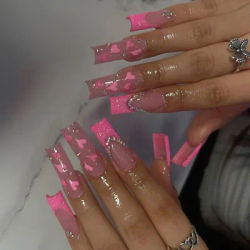 Femmes filles tendance 24 pièces/ensemble Long Ballet français coeur paillettes pierre décoration couverture complète portable faux ongles presse sur Nail Art