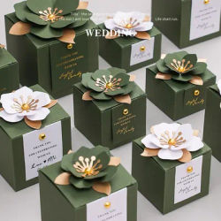 Boîte à bonbons de mariage verte Style forêt, 10 pièces, boîte à fleurs carrée tridimensionnelle, emballage boîte-cadeau, cadeaux de mariage pour invités