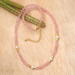 '18k Gold-Accented Rose Quartz and Pearl Beaded Necklace'