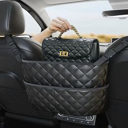 TEMU Large Capacity Car Seat Back Organizer - Durable Faux Leather Storage Net Bag For Vehicle Interior Accessories