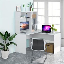 TEMU Kealive L Shaped Desk With Bookshelf, L Shaped Desk With Bookshelf, L Shaped Computer Desk, L Shaped , Youth Study Table, For Study Room Office, White, 107.8 X 100.7 X 155 Cm