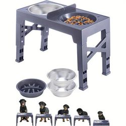 TEMU Elevated Dog Bowls Black Grey Raised Dog Bowl Stand With Slow Feeder Bowl & Slow Water & Stainless Steel Dog Food Bowls 5 Height Adjustable Bowls Stand For Medium & Large Dogs