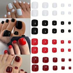 TEMU 96pcs Short Square Press On Toenails - Glossy Fake Nails Full Cover False Toenails For Women & S, (black/red/white/dark Burgundy) - Reusable Artificial Nails For Pedicure, Toe Nail Tips,