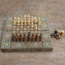 Crossroads,'Wood Chess and Backgammon Set with Mother of Pearl'