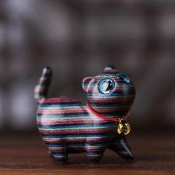 TEMU Charming Handcrafted Wooden Cat Figurine - Colorful Miniature Animal Sculpture For Home Decor & Party Favors