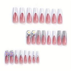 TEMU 24 Pcs/ Press On Nails Extra Long French Tips Fake Nails Glitter Full Cover Acrylic False Nails With 3d Daisy Designs Rhinestone Nails, For At Home Diy Quick Manicure Kit