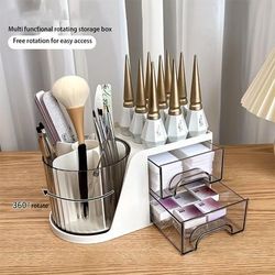 TEMU 1pc Multi-functional Rotating Makeup Organizer - 5-compartment Nail Art Tool Storage Box, Transparent & Golden Accents, Design, Odorless - Brushes, Cosmetics & More